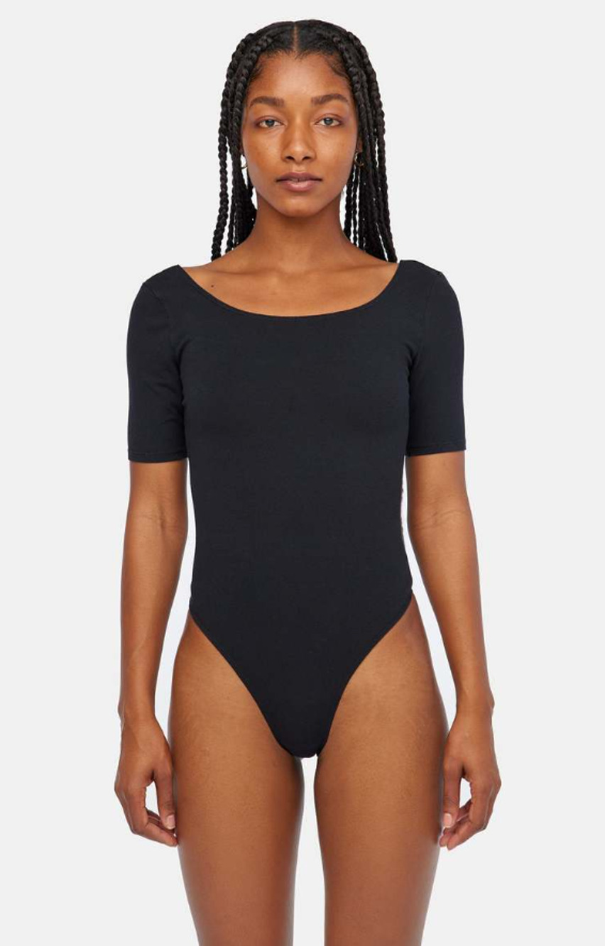 LACAUSA Women's Dawn Bodysuit XS Black Tar Short Sleeve Fitted Stretch NWT